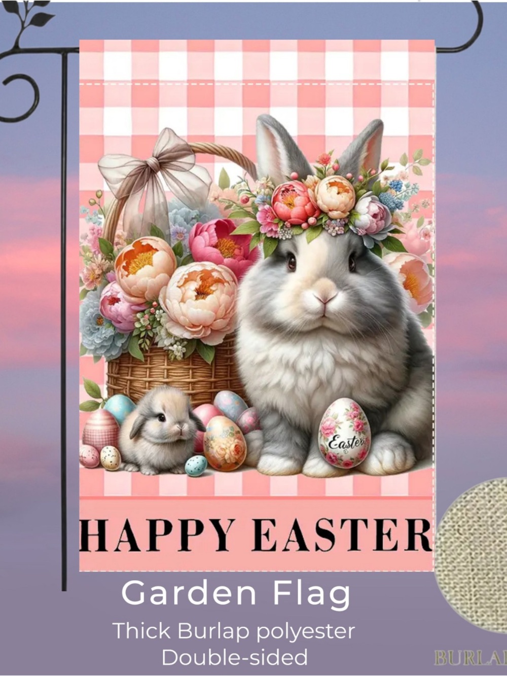 Easter Bunny Garden Flag, Burlap, double-sided, approx 12”x18”